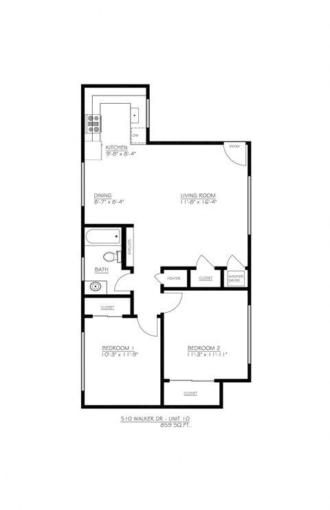 Floor plan for 2 beds, 1 bath, 939 sqft